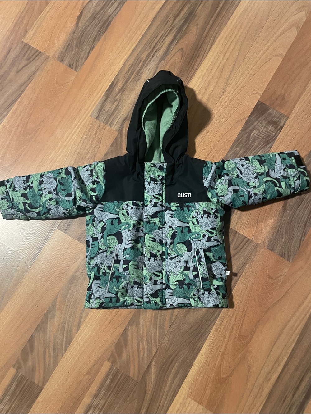 Gusti Black and Green Dinosaur Patterned Kids Hooded Winter Jacket